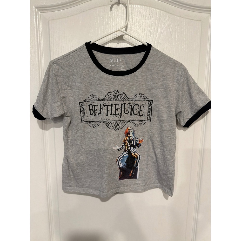 Beetlejuice Ringer Tee Girls XL 14-16 Heather Gray Black Movie Crop Top